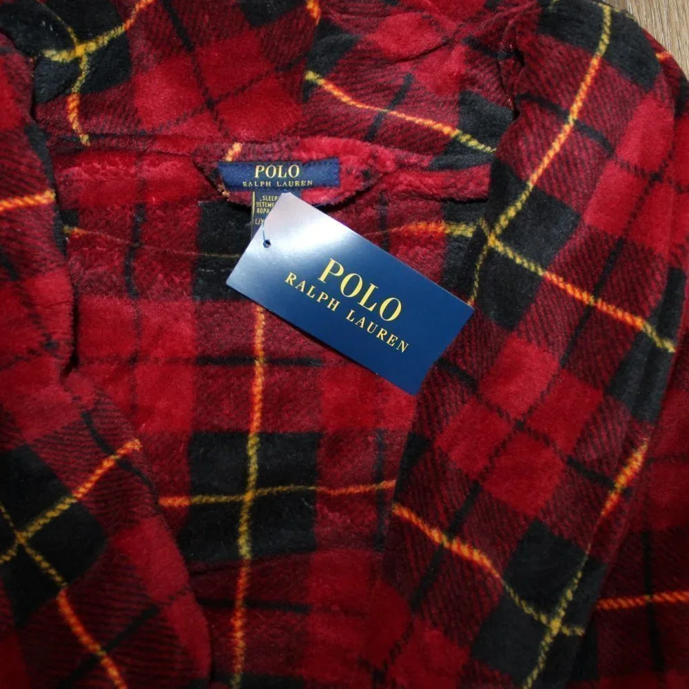 NWT MEN'S POLO RALPH LAUREN PLUSH PLAID BATH ROBE RED BLACK‎ YELLOW